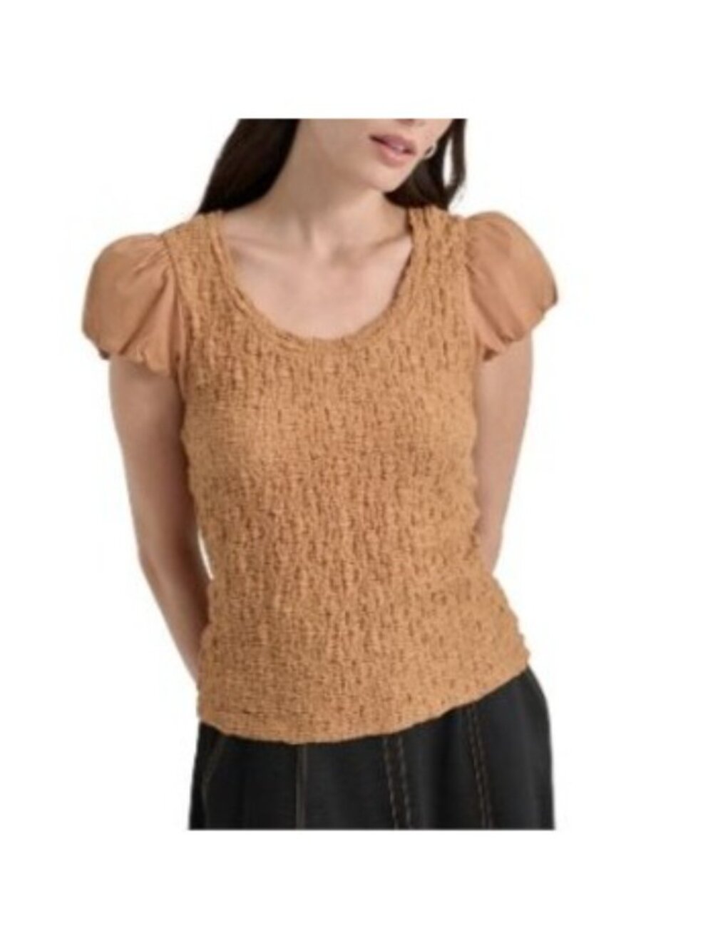 DKNY Textured Shirt Puff Sleeves Womens Size XL Tawny Brown New